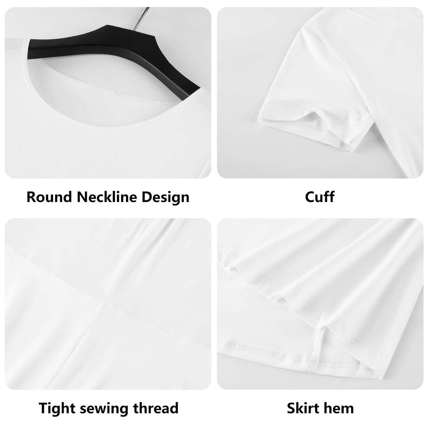 Unprinted dress: features labeled including round neckline, cuff, tight sewing thread, and skirt hem.