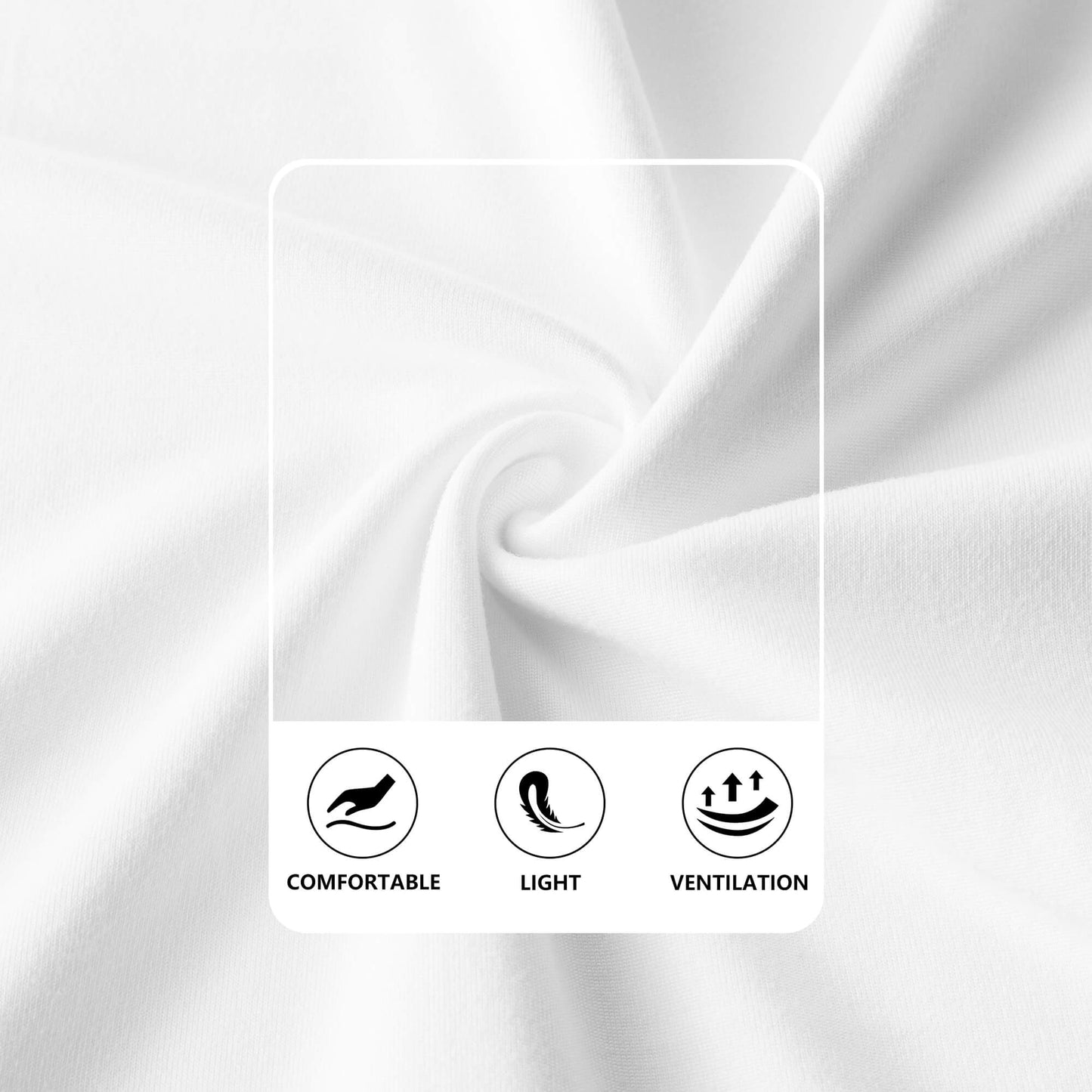 White unprinted fabric with text indicating comfort, lightness, and ventilation on a white background