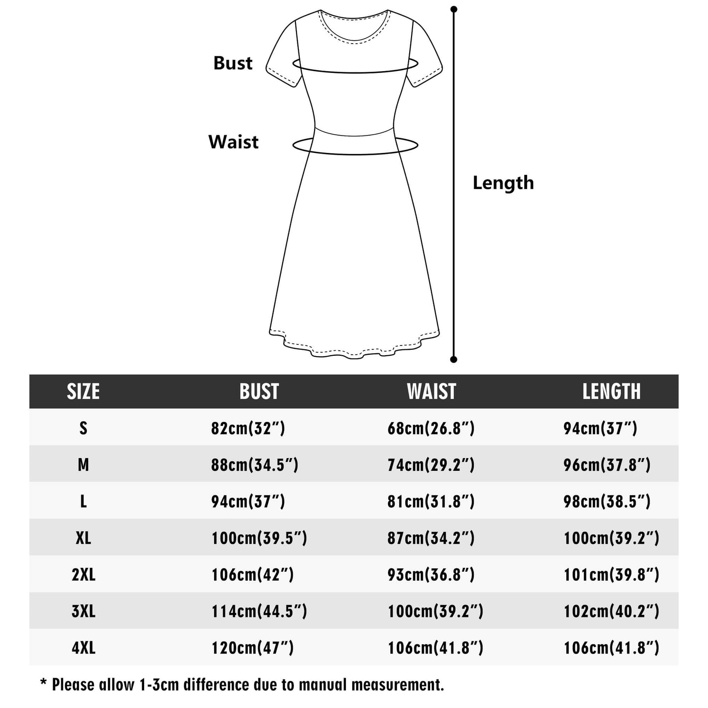 Measurement chart for a dress with bust, waist, and length dimensions.