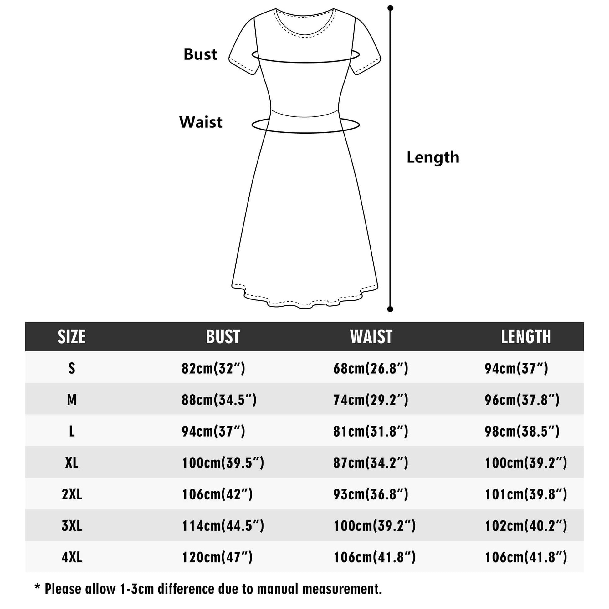 Measurement chart for a dress with bust, waist, and length dimensions.