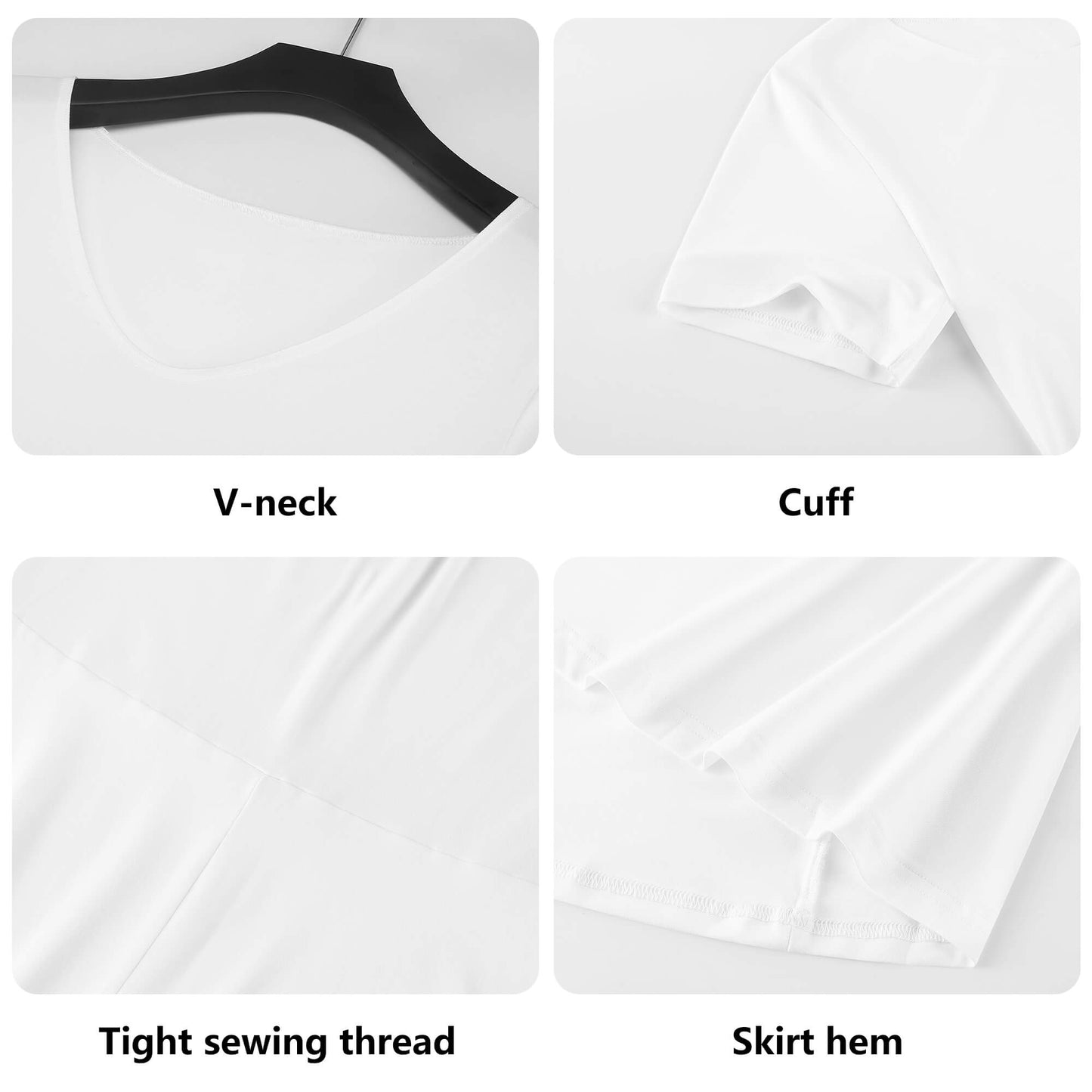 Unprinted dress with labeled parts including V-neck, cuff, tight sewing thread, and skirt hem on a white background.