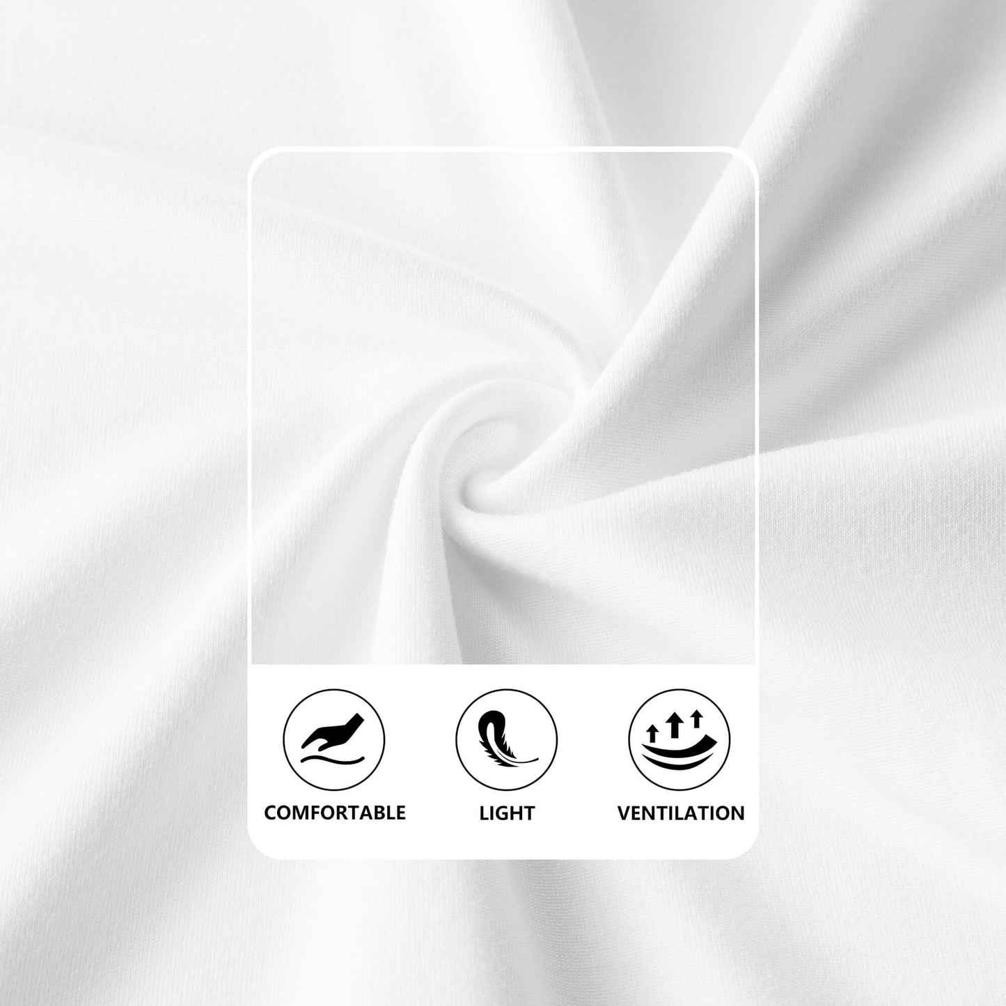 Unprinted fabric with text indicating comfort, lightness, and ventilation on a white background