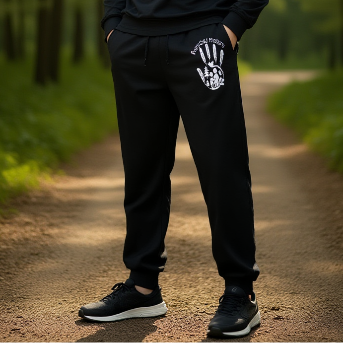 A man stands on a forest path wearing a black long-sleeve crewneck shirt and matching black jogger sweatpants with a white graphic print on the thigh, paired with black sneakers.