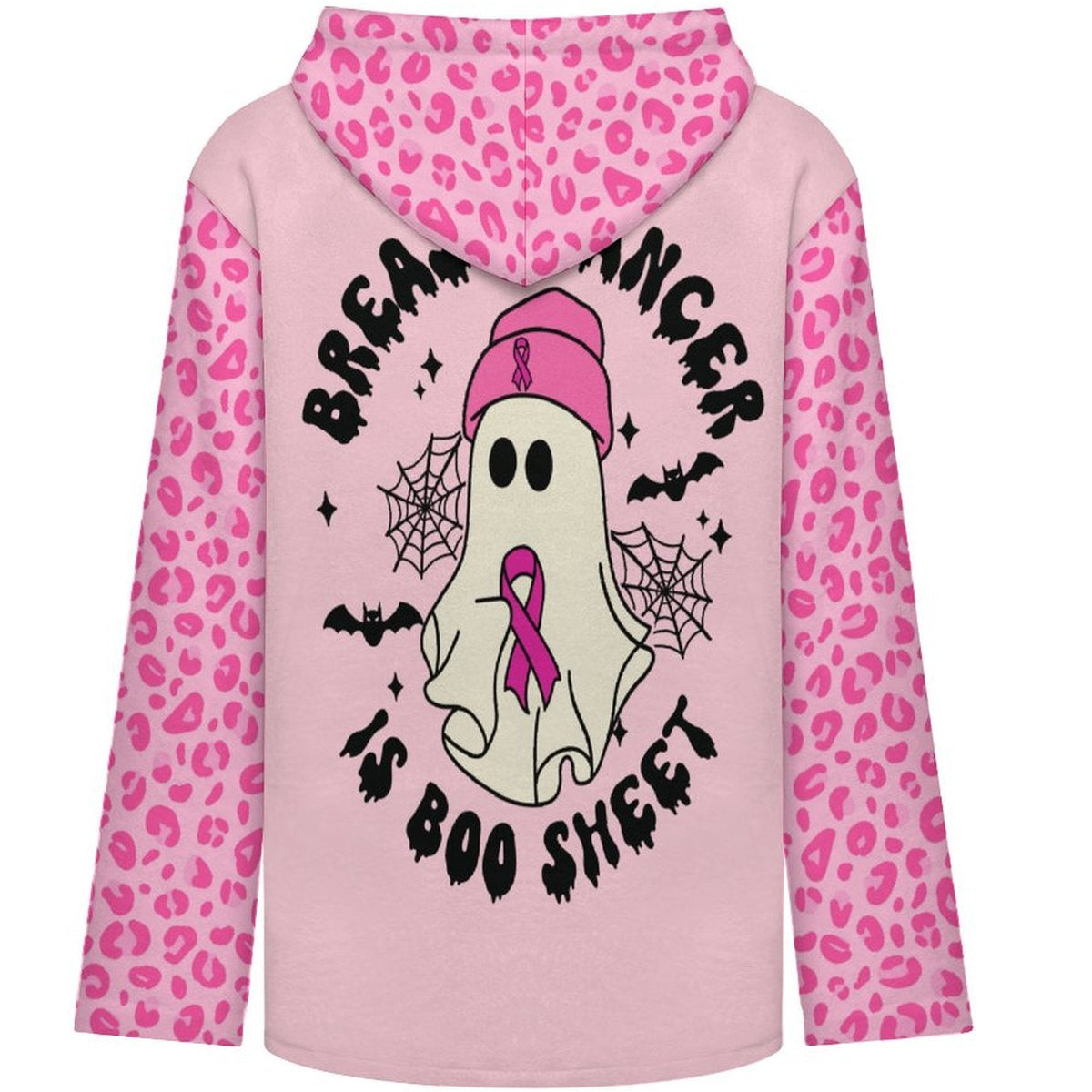 A pink long-sleeve hoodie with a pink leopard print pattern on the hood and sleeves, featuring a central graphic of a cartoon ghost wearing a pink beanie and pink ribbon, surrounded by the text 'BREAST CANCER IS BOO SHEEP'.