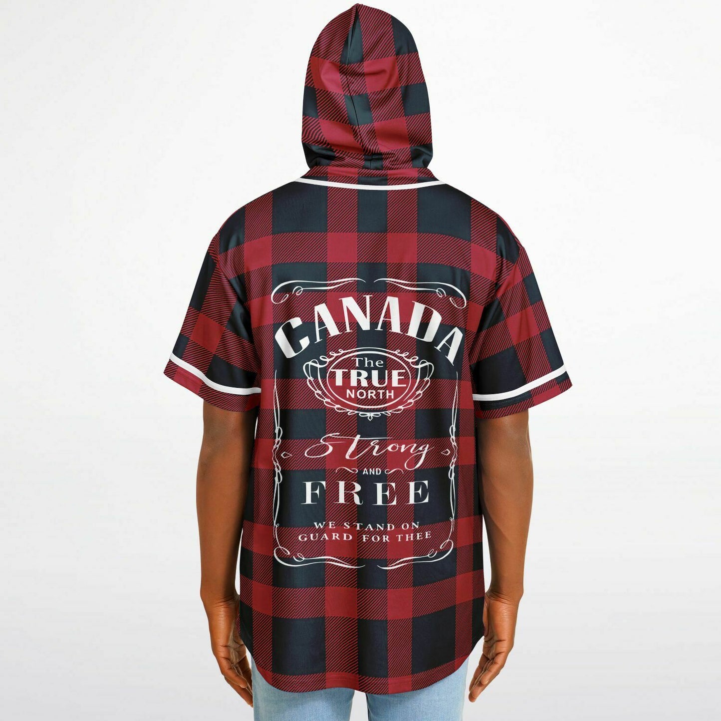 True North Strong and Free Red Plaid Hooded Baseball Jersey