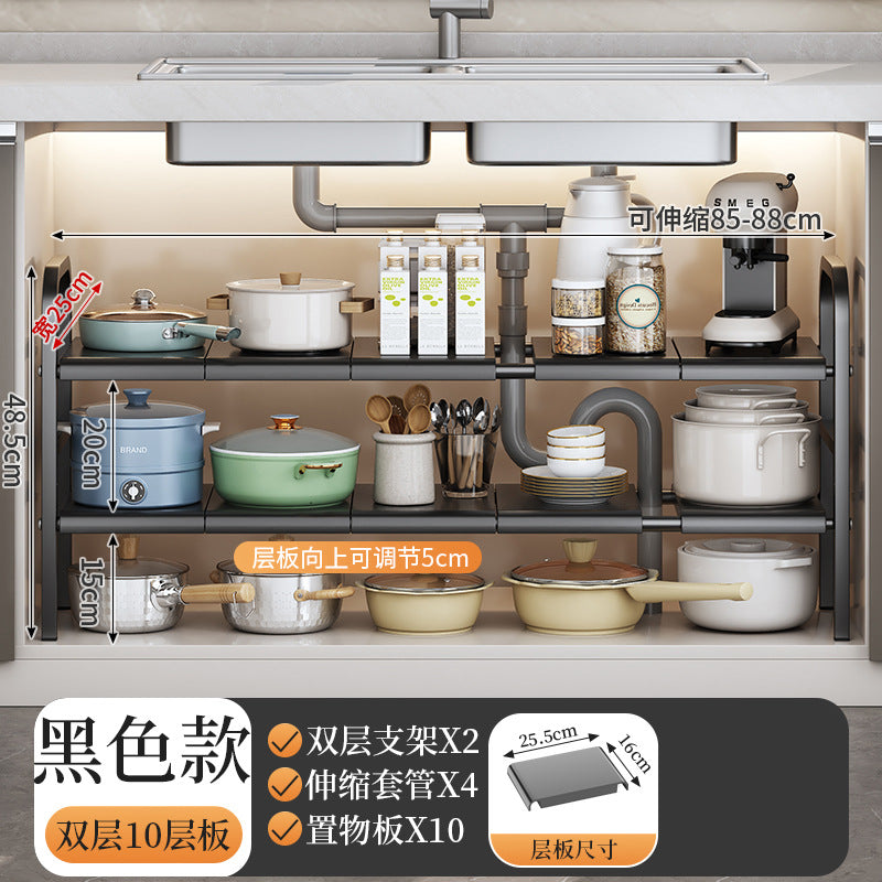 Kitchen cabinet with shelves containing cookware and kitchen items, with text indicating dimensions and features.