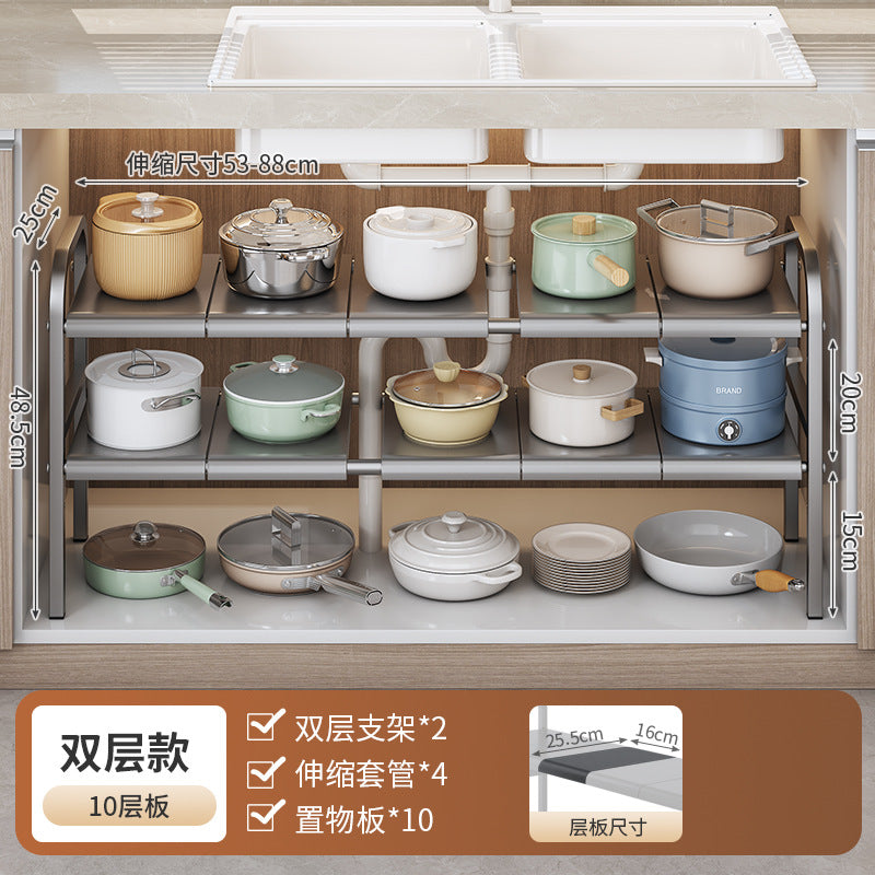Kitchen storage rack with pots and pans on shelves, showing dimensions and features.