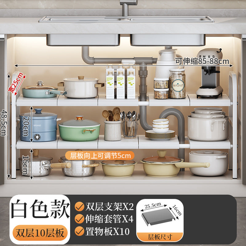 Kitchen shelf with pots, pans, and kitchen items under a sink