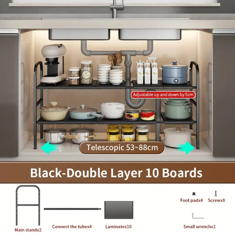 Under-sink kitchen storage rack with shelves holding kitchen items, labeled 'Black-Double Layer 10 Boards'.