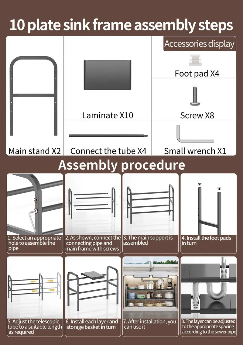 Step-by-step assembly guide for a 10-plate sink frame with parts and instructions.