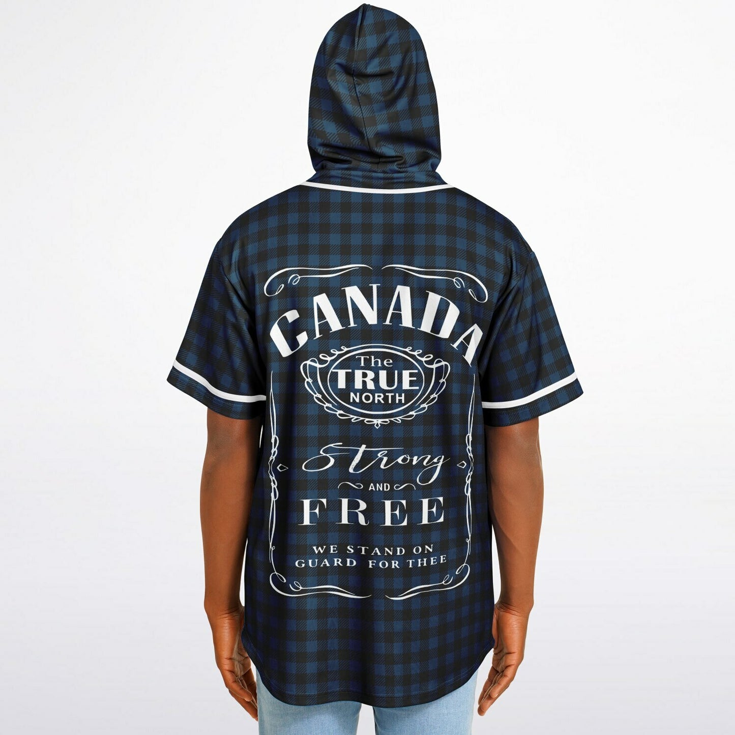 True North Strong and Free | Plaid Hooded Baseball Jersey - Navy