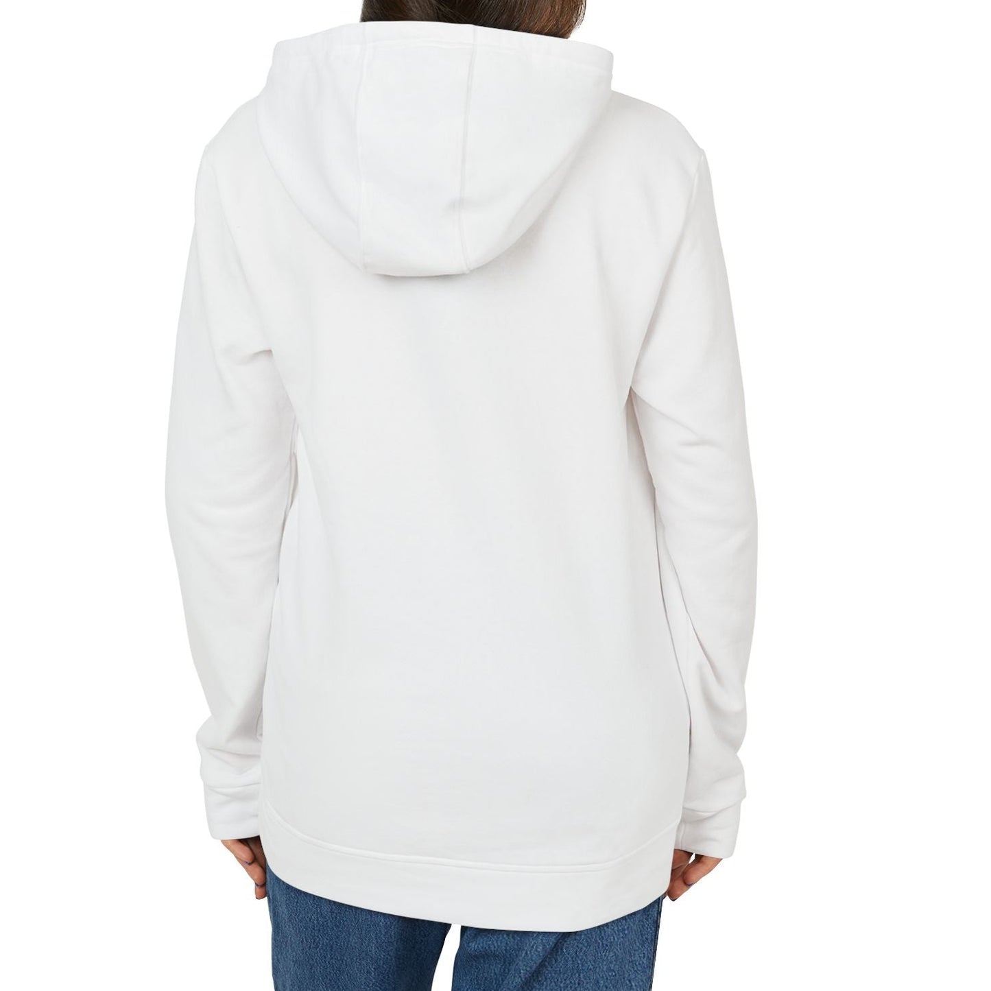 Person wearing a white hoodie from behind on a white background