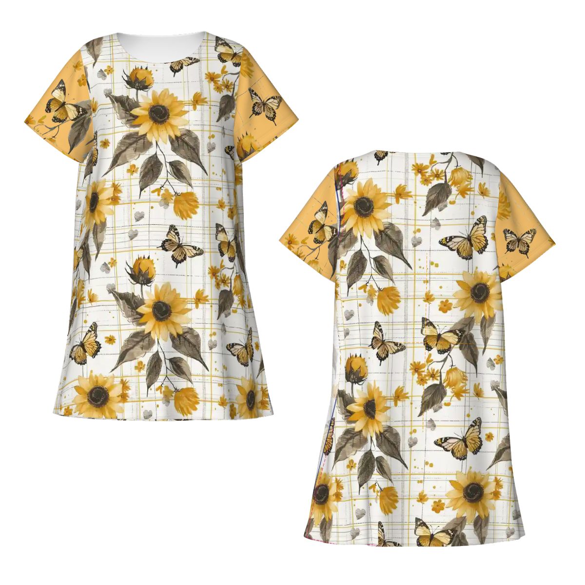 Sunflowers & Butterflies Plaid | Comfy Cotton-Feel Nightshirt Women’s Sleepwear – Soft and Easy to Wear