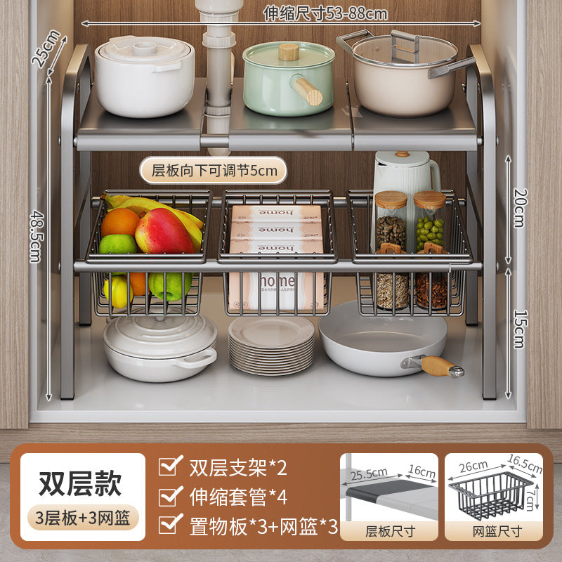 Kitchen shelf with various utensils and measurements on a wooden background