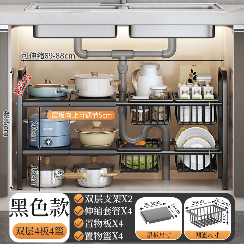 Under-sink kitchen organizer with pots, pans, and utensils on a neutral background