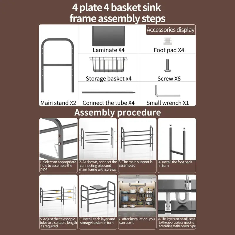 Step-by-step assembly guide for a 4 plate 4 basket sink frame on a brown background.