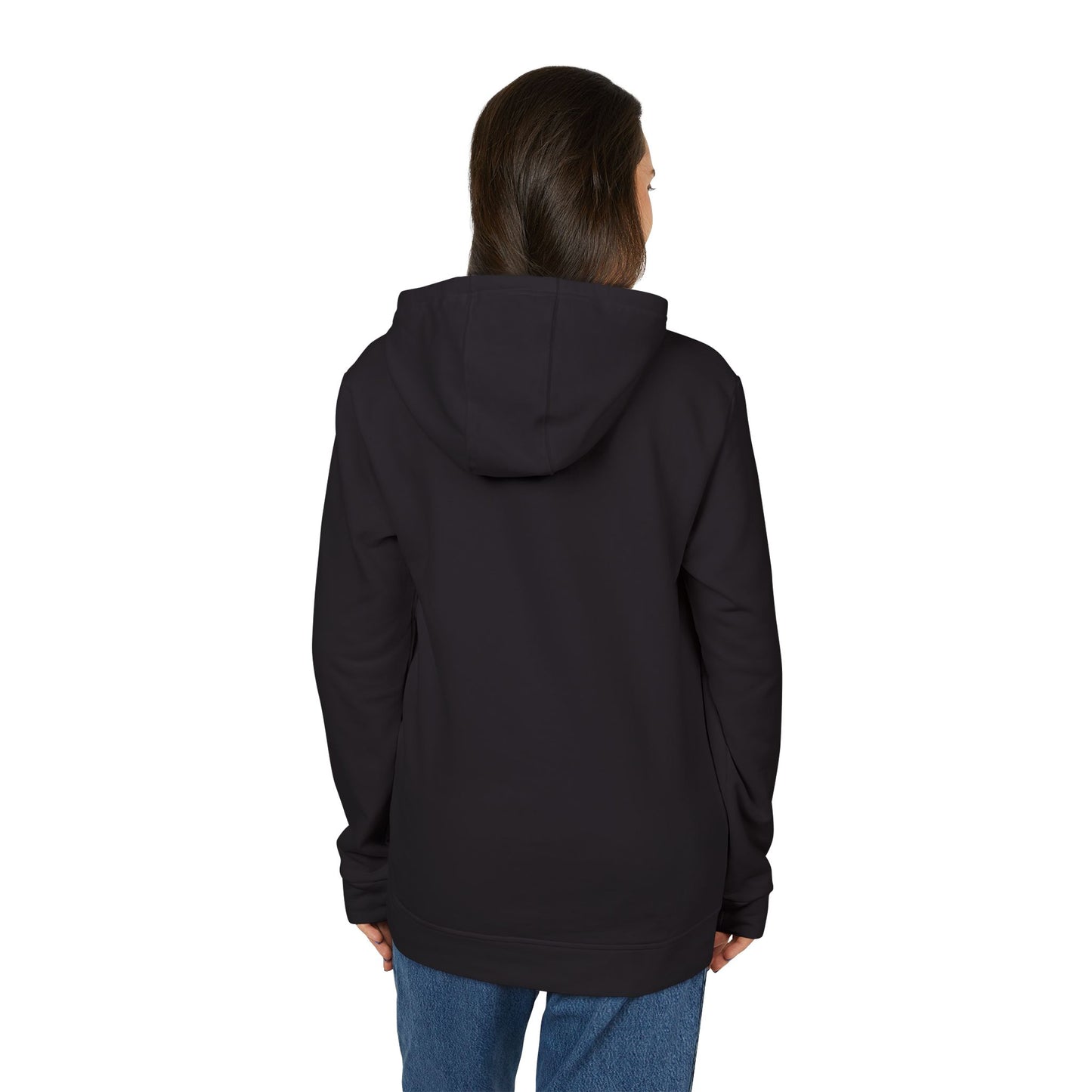 Person wearing a black hoodie from behind on a white background