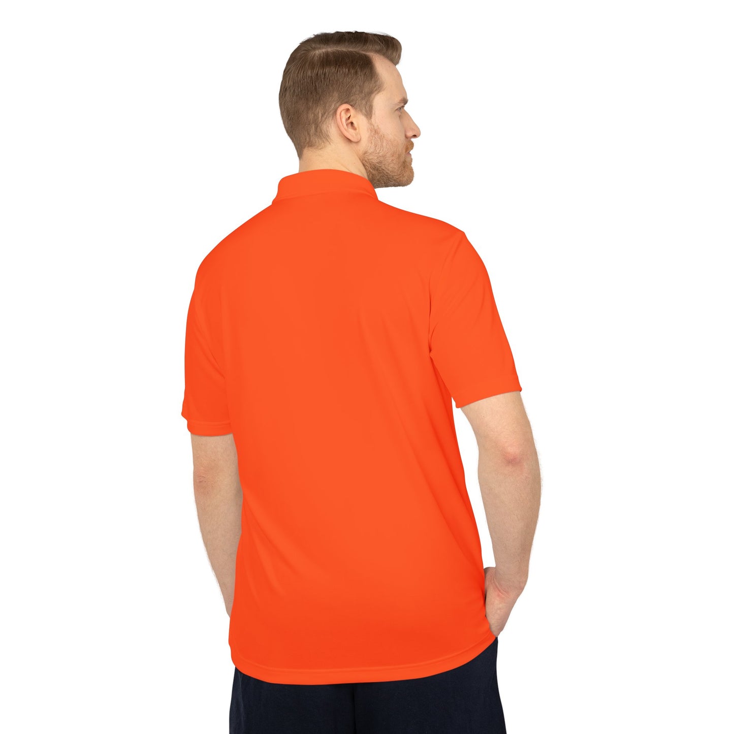 Man wearing an orange polo shirt on a white background