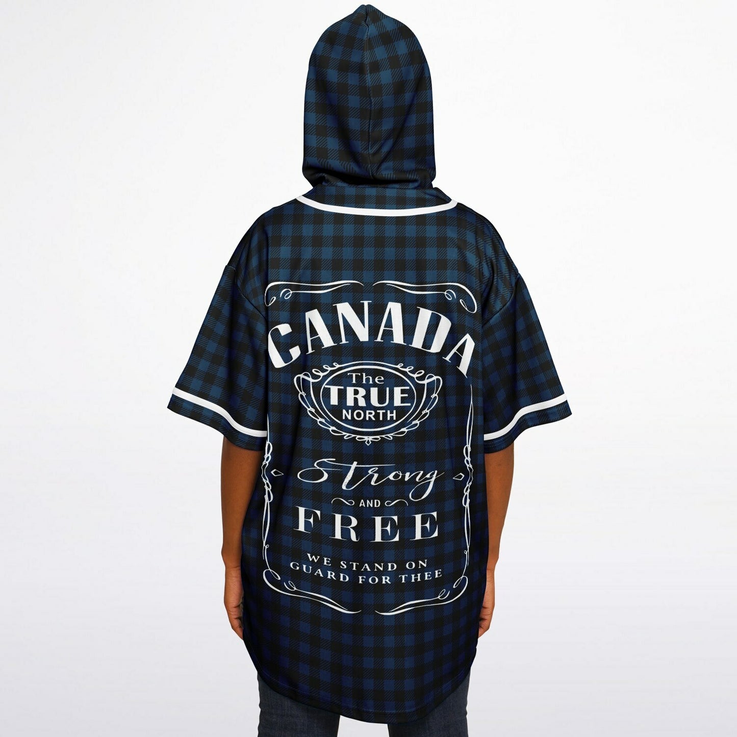 True North Strong and Free | Plaid Hooded Baseball Jersey - Navy