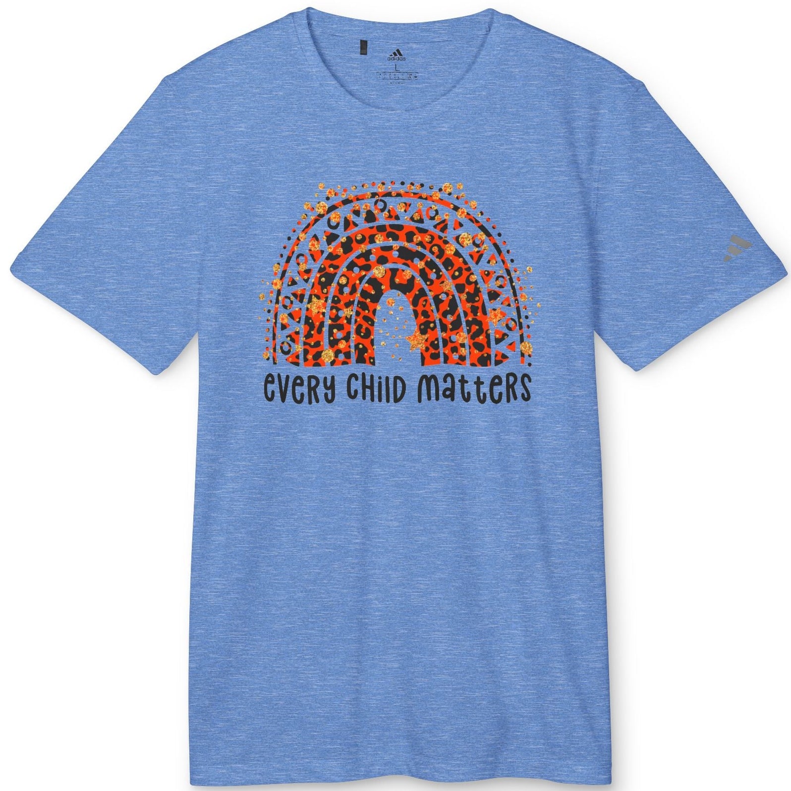 Blue t-shirt with orange rainbow and 'Every Child Matters' text on a white background