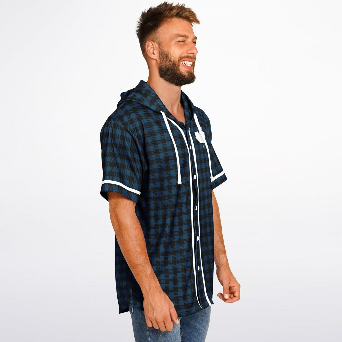 True North Strong and Free | Plaid Hooded Baseball Jersey - Navy