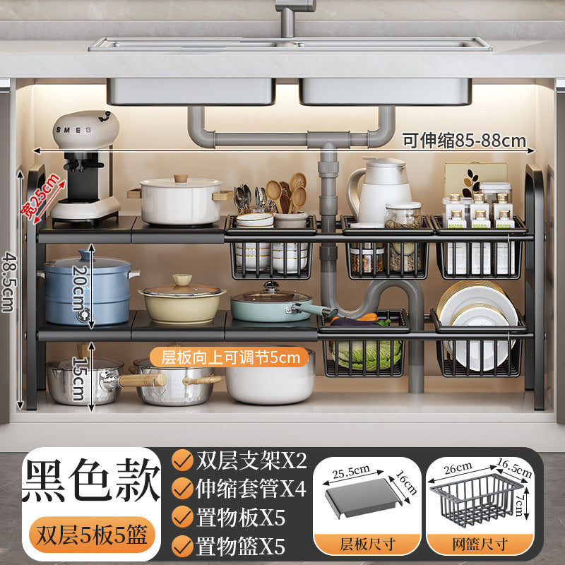 Under-sink kitchen organizer with various utensils and appliances