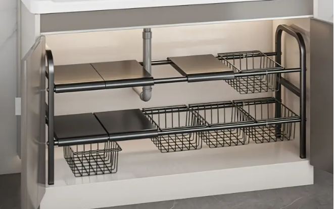 Under-cabinet organizer with shelves and baskets in a kitchen setting