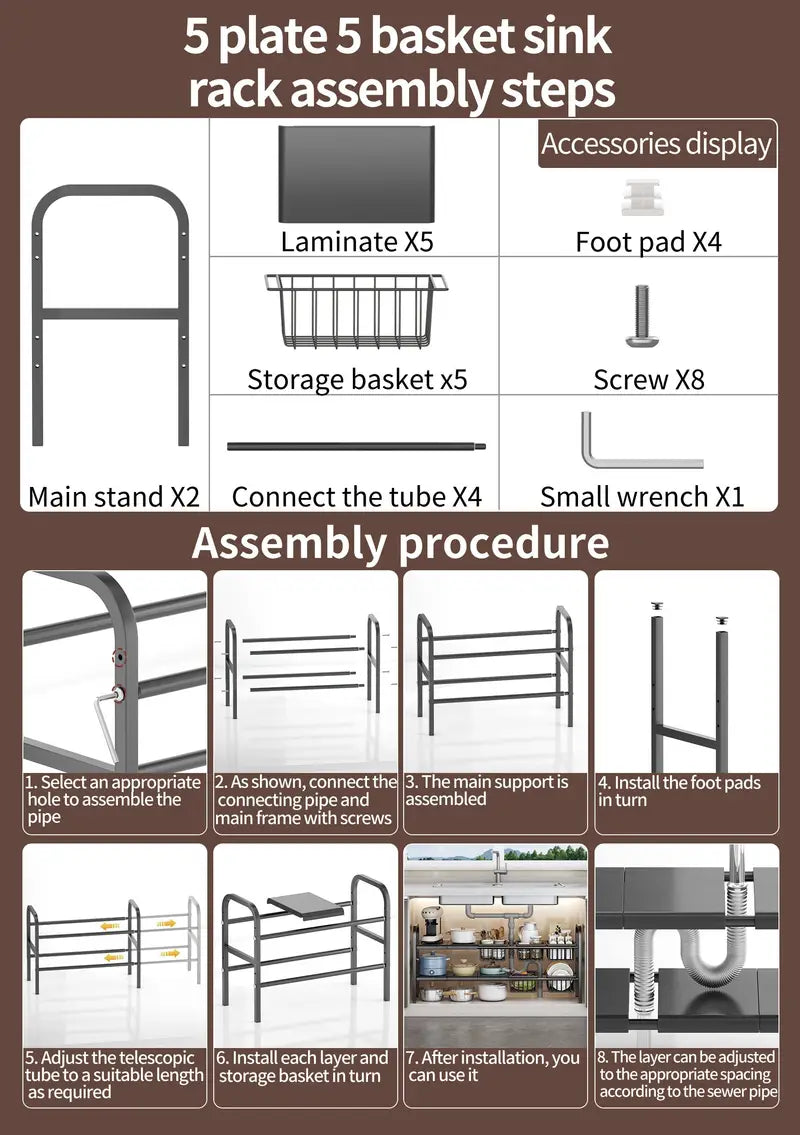 Step-by-step assembly guide for a 5 plate 5 basket sink rack with parts and tools listed.