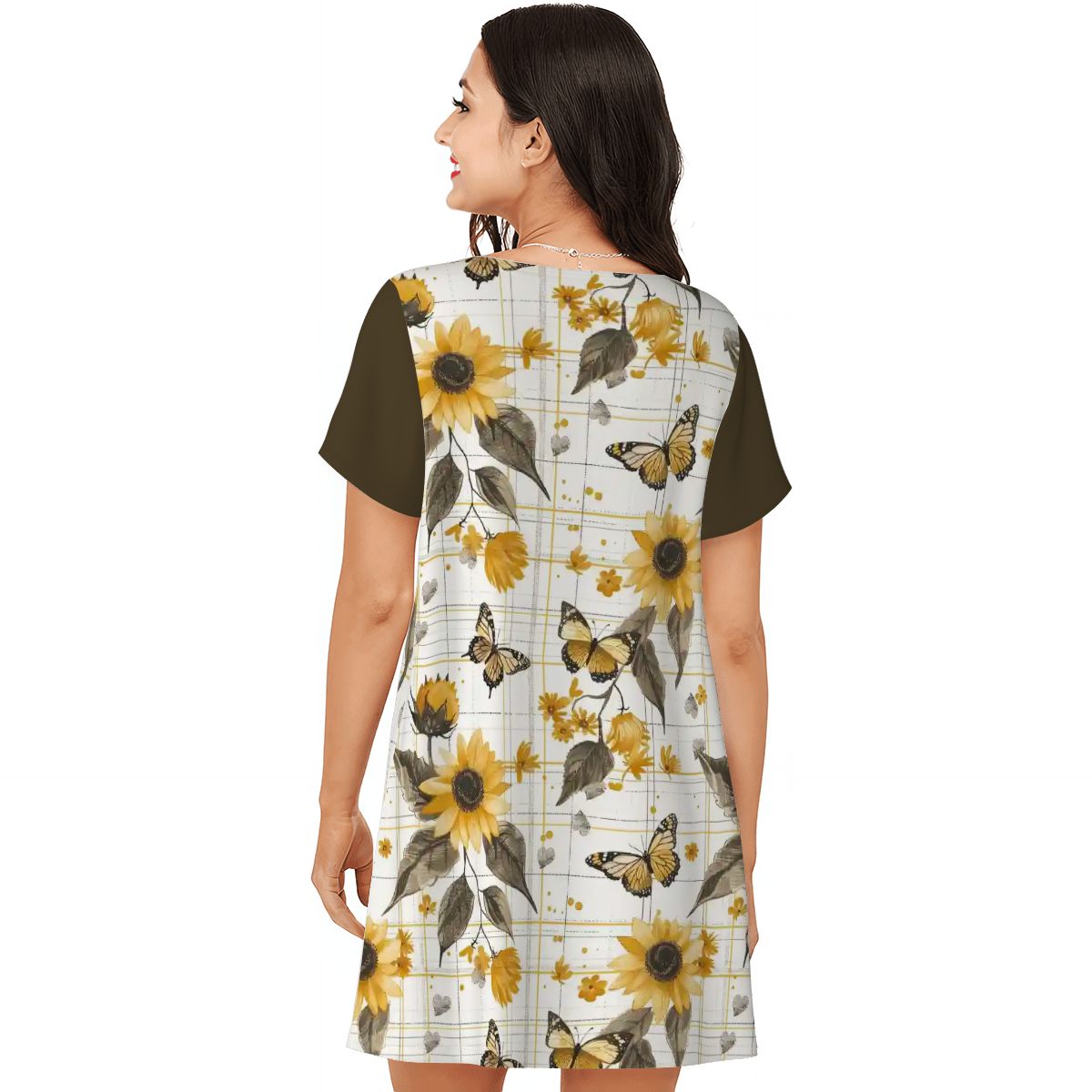 Sunflowers & Butterflies Plaid | Comfy Cotton-Feel Nightshirt Women’s Sleepwear – Soft and Easy to Wear
