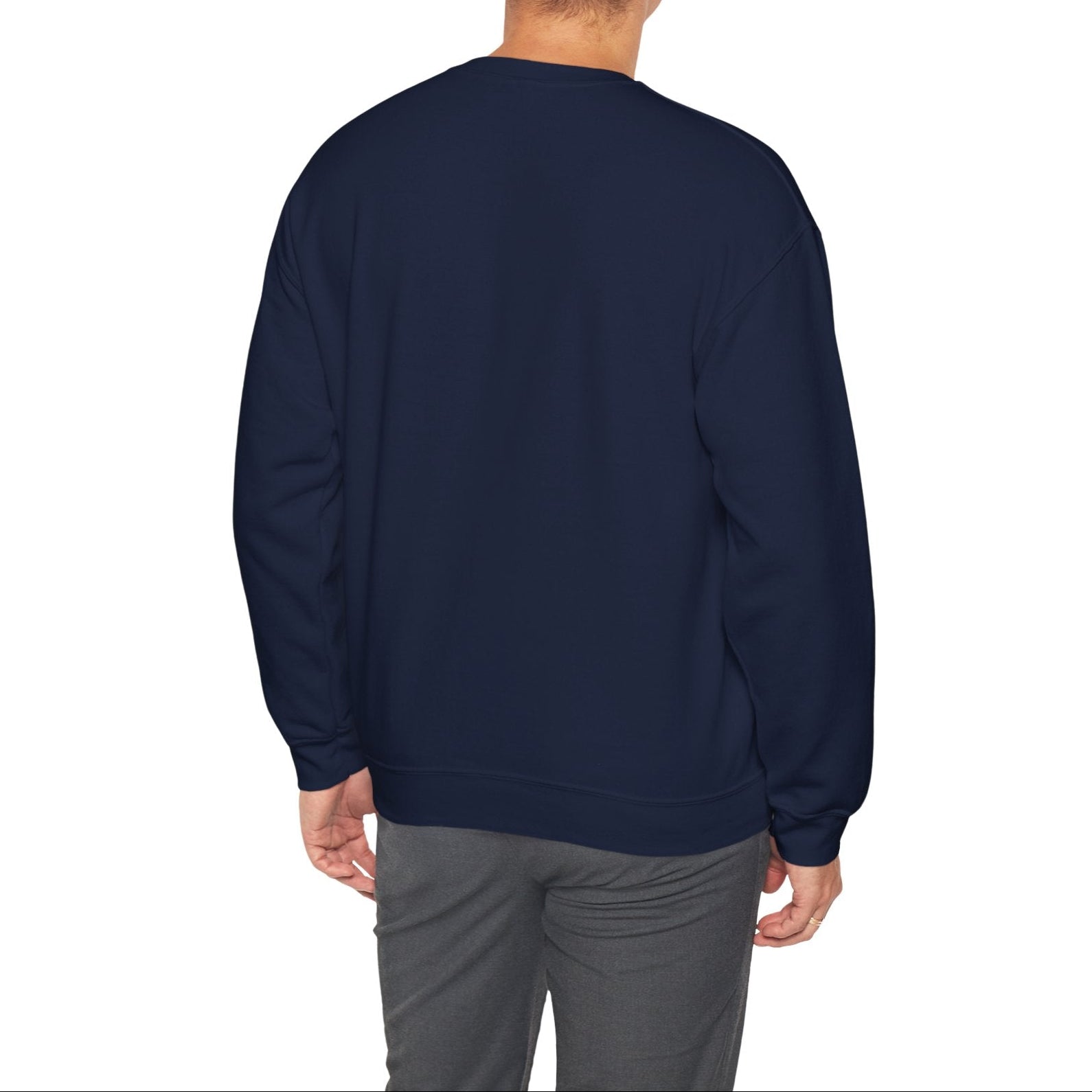 Man wearing a navy blue sweatshirt on a white background