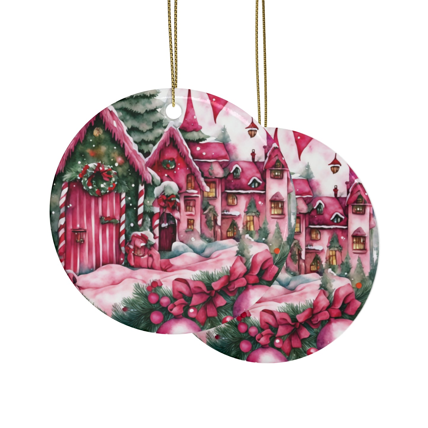 Idyllic Fantasy Christmas Scene | Pink Ceramic Ornaments (1pcs, 5pcs, 10pcs, 20pcs) - 26