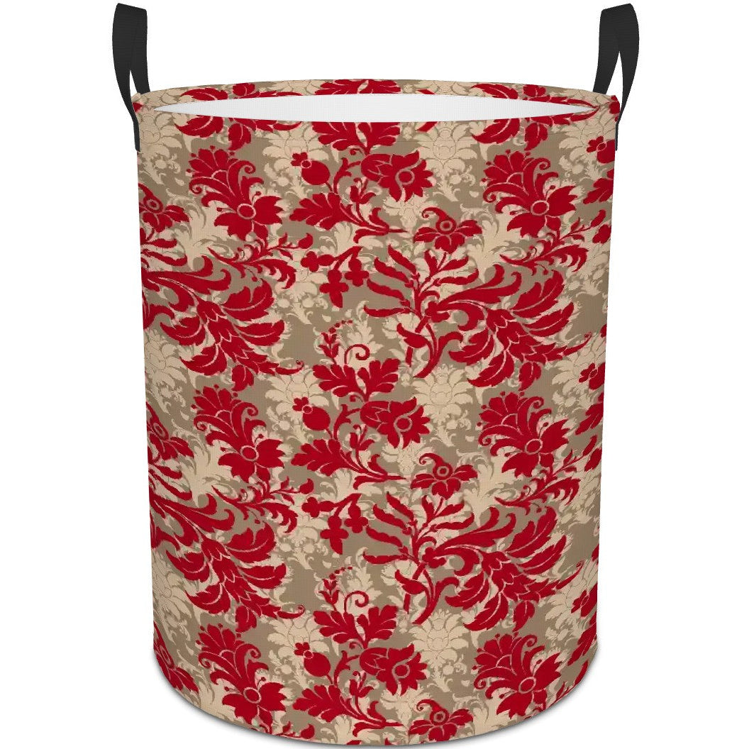 Decorative laundry basket with red floral pattern on beige background