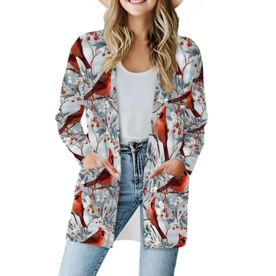 Winter Cardinals - Women's Long-Sleeved Cardigan with Pockets - Soft, Stretchy & Stylish