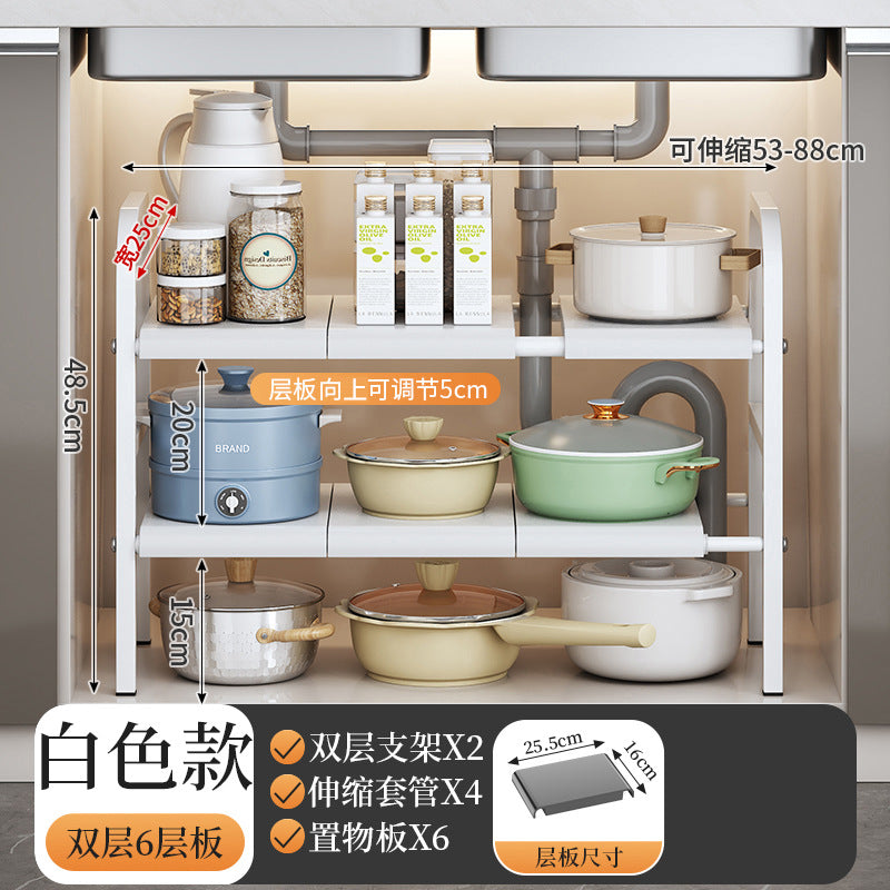Kitchen storage rack with pots and pans on a white background