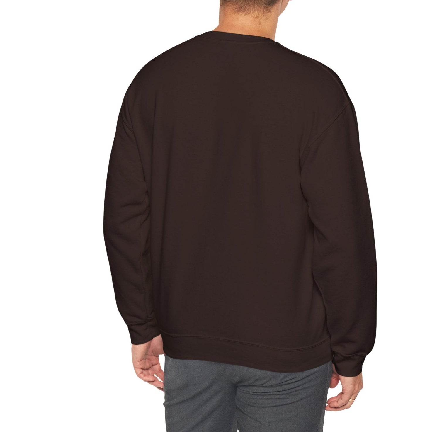 Man wearing a dark brown sweatshirt on a white background