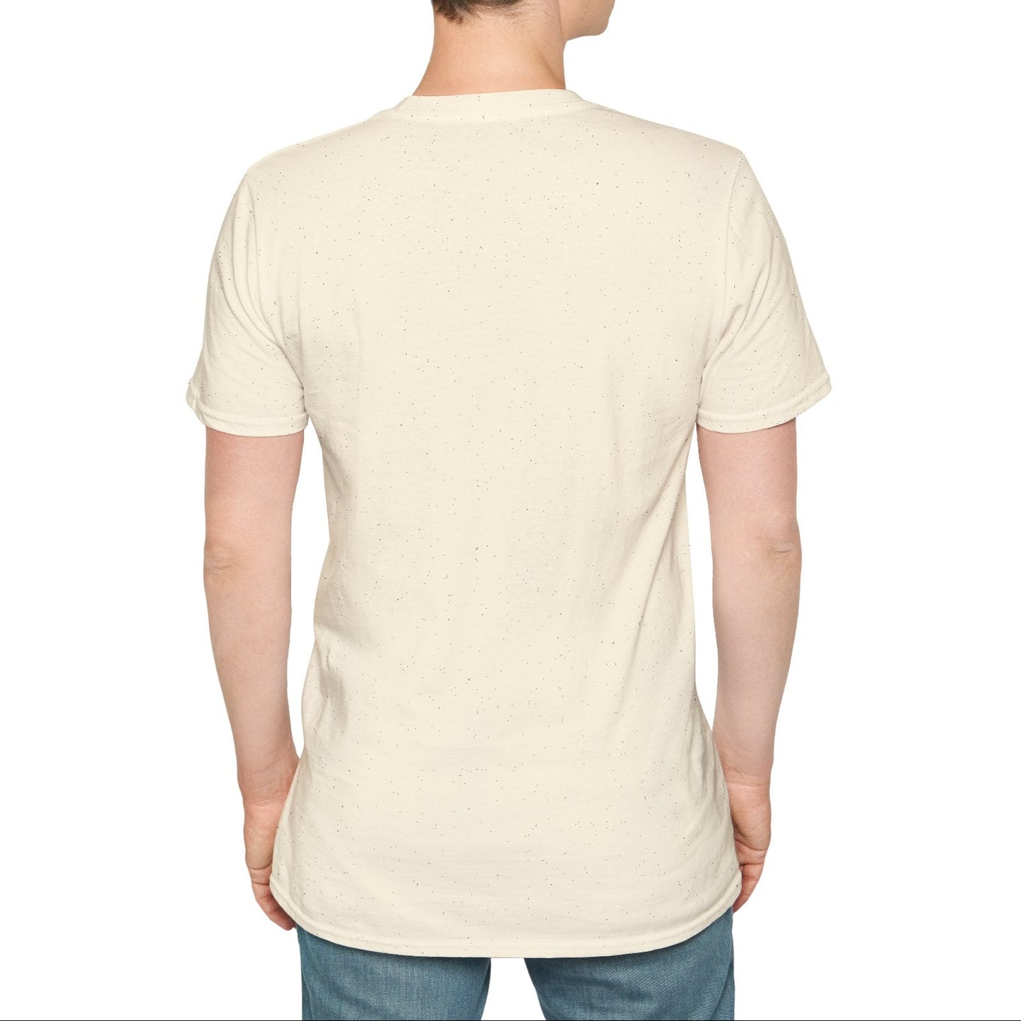 Person wearing a plain beige t-shirt on a white background