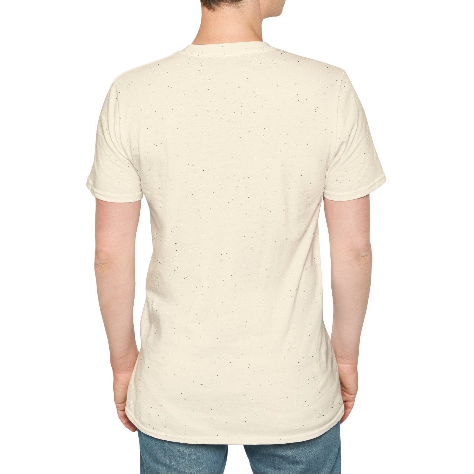 Person wearing a plain beige t-shirt on a white background