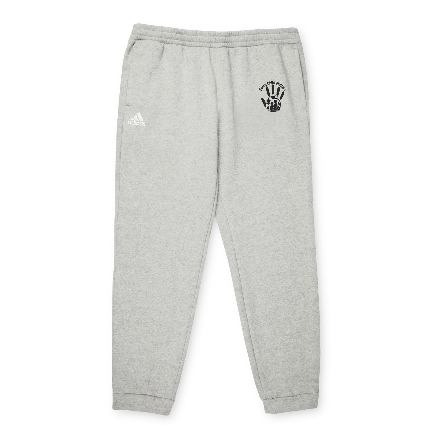 Gray sweatpants with a black logo and white Adidas logo on a white background
