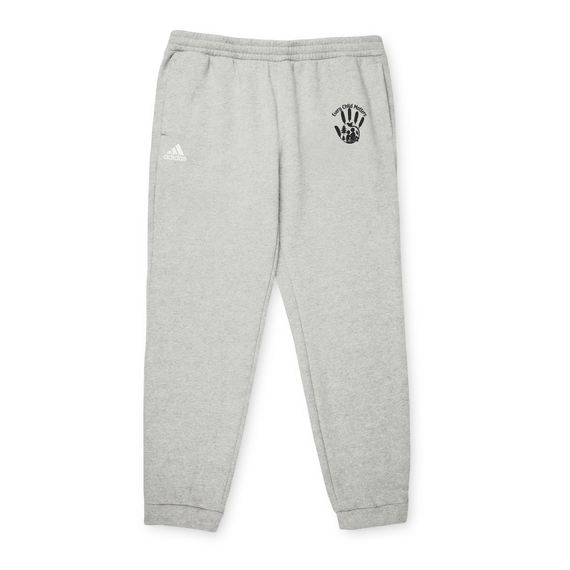 Gray sweatpants with a black logo and white Adidas logo on a white background