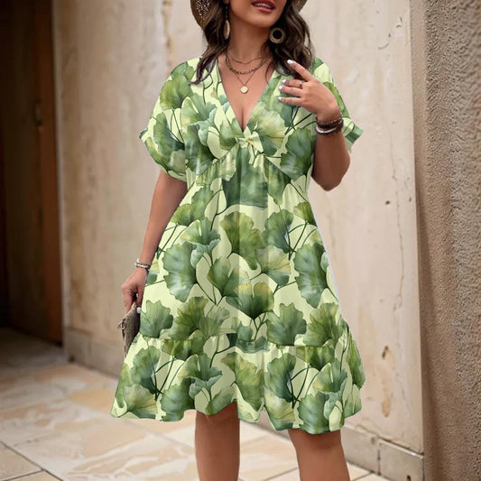 Ginkgo Leaves | Women’s A-Line V-Neck Short Sleeve Dress