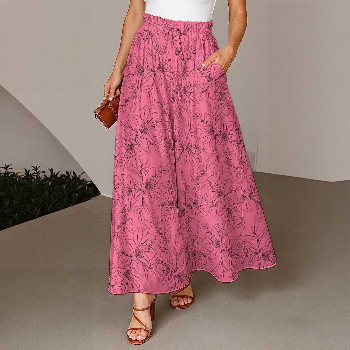 Spring Orchids Collection | Wide-Leg Palazzo Pants – Relaxed Stretch Trousers with Elastic Drawstring Waist