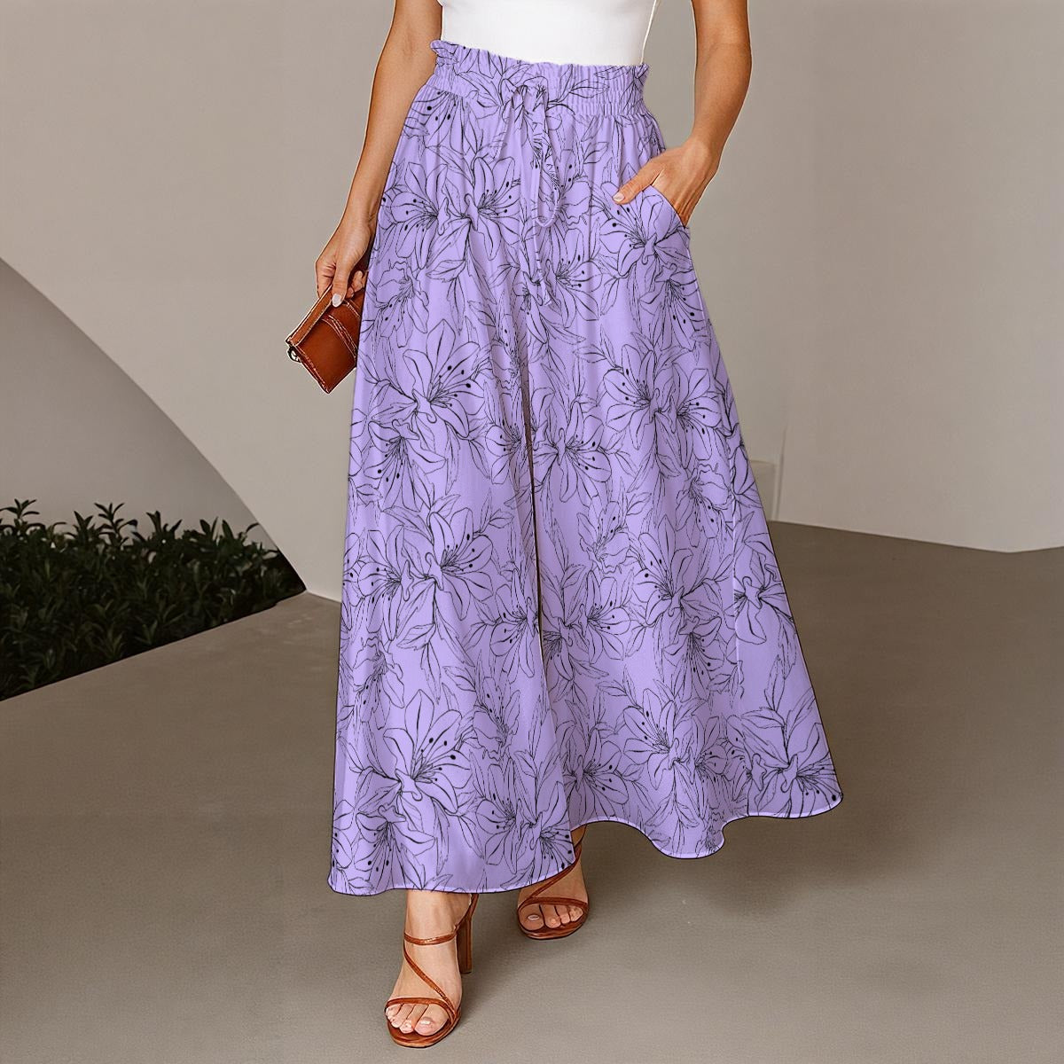 Spring Orchids Collection | Wide-Leg Palazzo Pants – Relaxed Stretch Trousers with Elastic Drawstring Waist