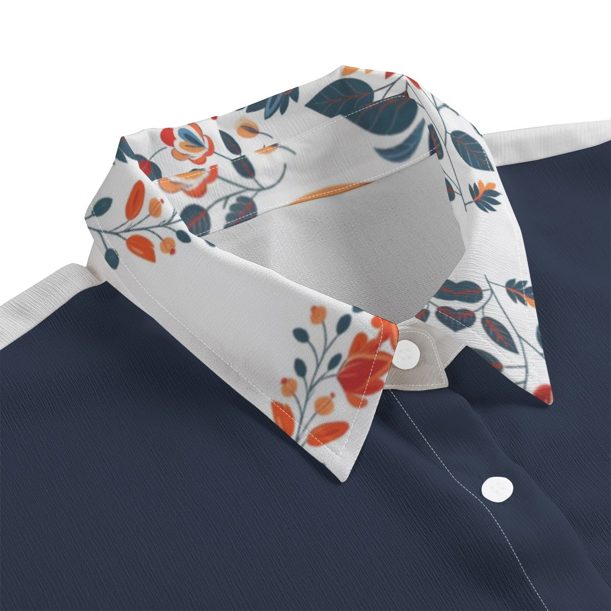 Floral patterned shirt collar on a navy shirt with a white background