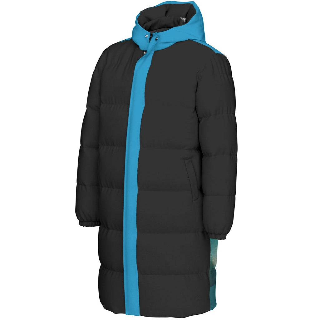 A mid-length black puffer coat with a bright turquoise blue front zipper, hood lining, and a print on the back, shown against a plain white background.