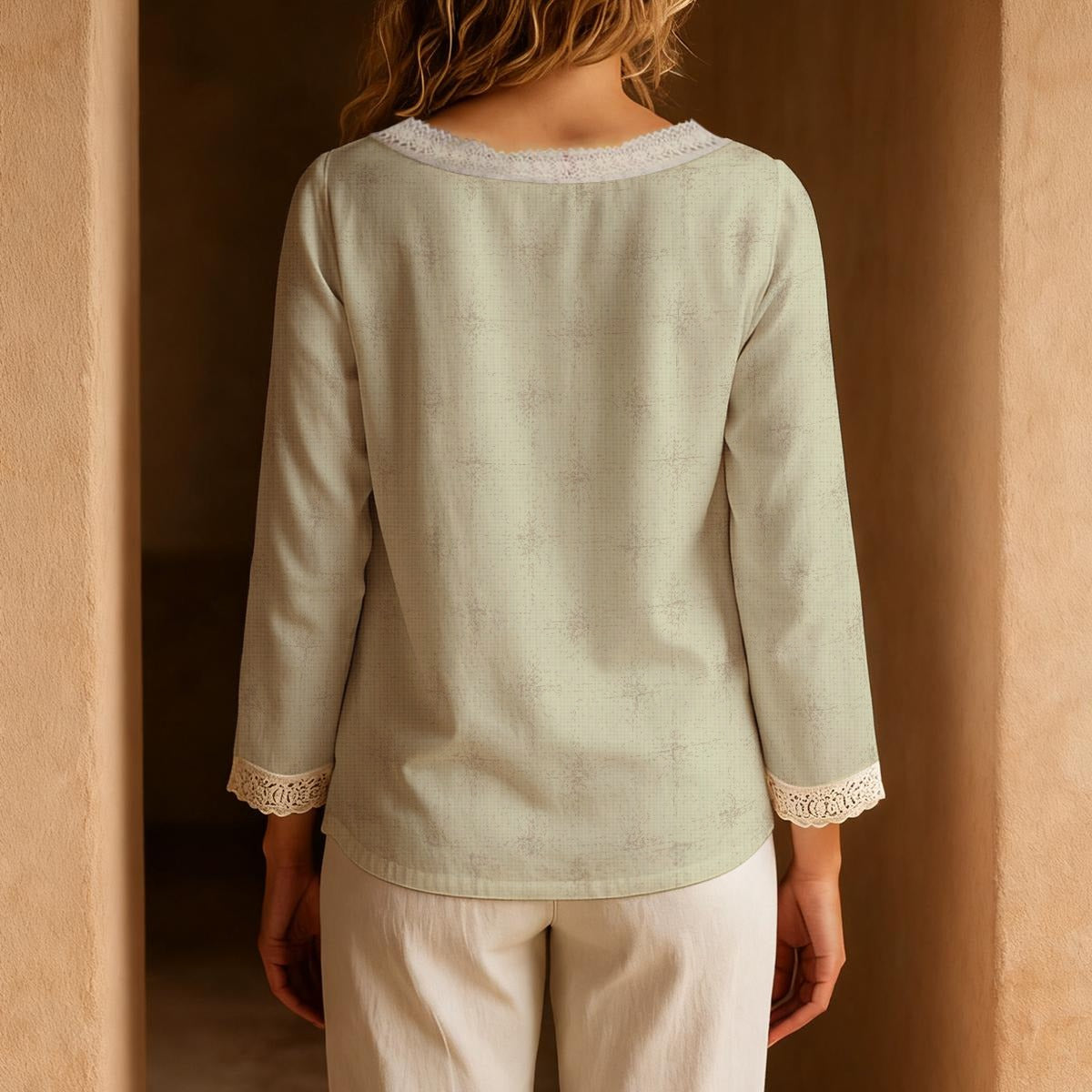 Delicate Olive Green | Women's Long-Sleeve Casual Top with Tie Collar | Lace Trim Blouse - Effortless Everyday Elegance
