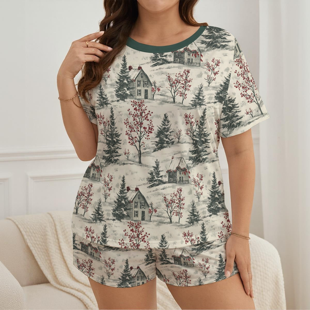 Person wearing a pajama set with a nature-themed print in a casual setting.