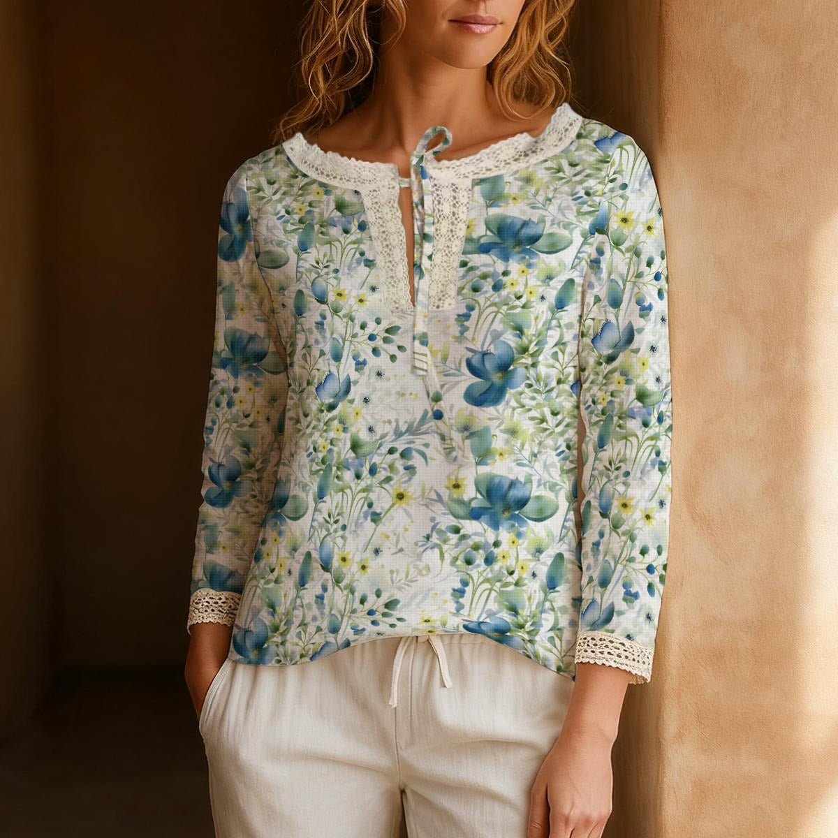 Blue-Teal Wildflowers | Women's Long-Sleeve Casual Top with Tie Collar | Lace Trim Blouse - Effortless Everyday Elegance