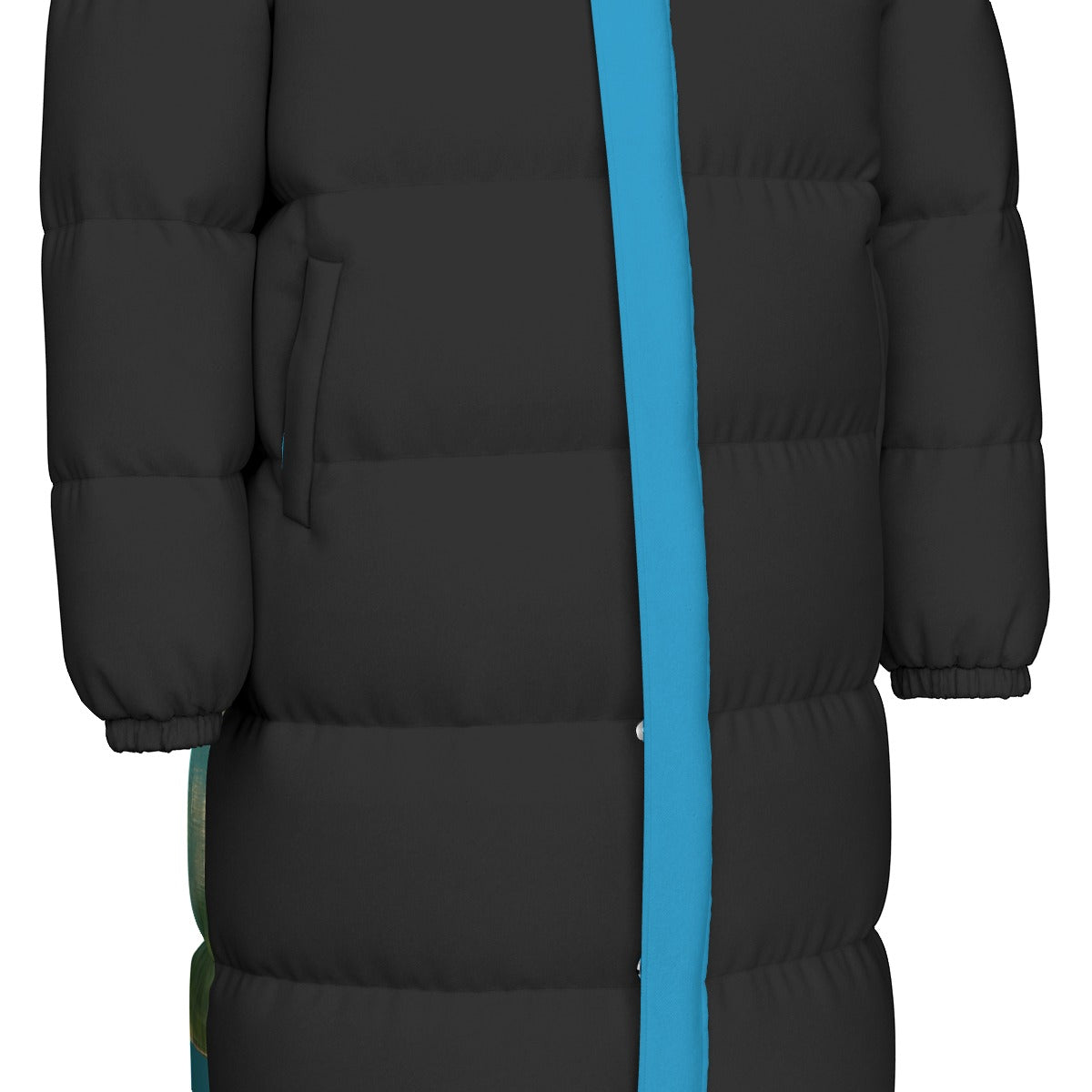 A close-up of a black puffer jacket with a bright blue vertical stripe running down the center front.