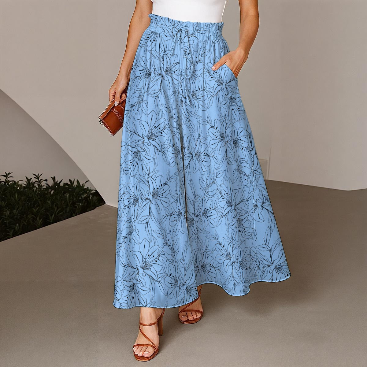 Spring Orchids Collection | Wide-Leg Palazzo Pants – Relaxed Stretch Trousers with Elastic Drawstring Waist