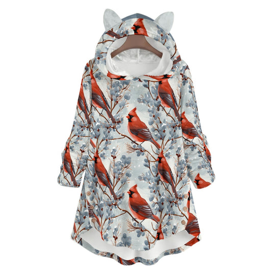 Women's Festive Flannel Hoodie with Cat Ears - Cozy, Playful, and Purr-fectly Warm